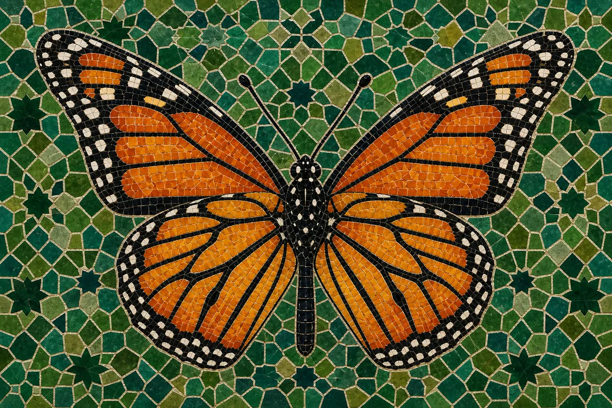 Monarch — Morocco mosaic wings on green zellige ground