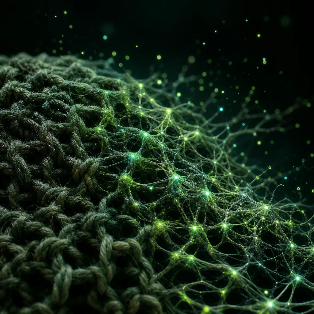 Social fabric as bioluminescent mycelial mesh — knit threads, glowing junctions, spores at the edge