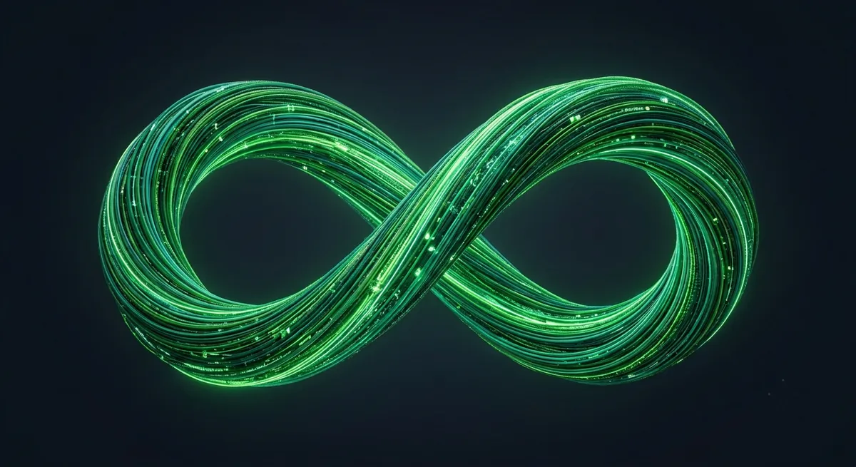 Semper idem — luminous infinity of interwoven transaction strands pulsing through a semantic loop